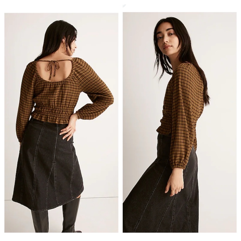 Madewell gingham top Tie-Back Cutout long sleeve in Plaid Spiced Olive xxs